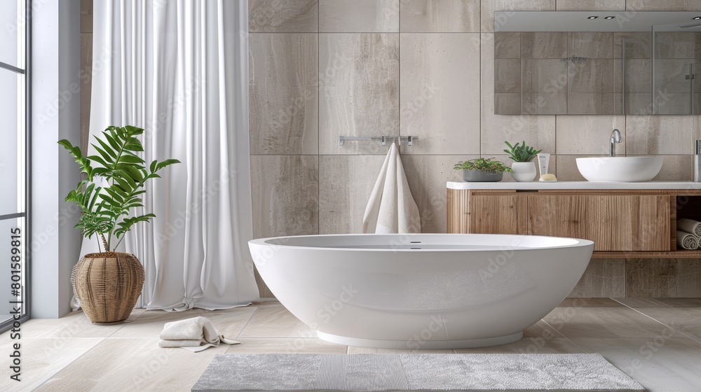 Serene and stylish bathroom design featuring a modern white bathtub and natural decor. Serene and stylish bathroom design featuring a modern white bathtub and natural decor.