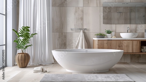 Serene and stylish bathroom design featuring a modern white bathtub and natural decor.