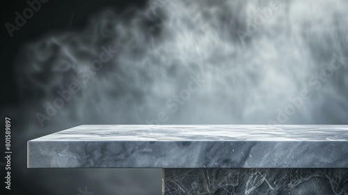 Elegant marble podium on misty background, ideal for luxury product displays, subtle mood, modern design with dark tones. Copy space.