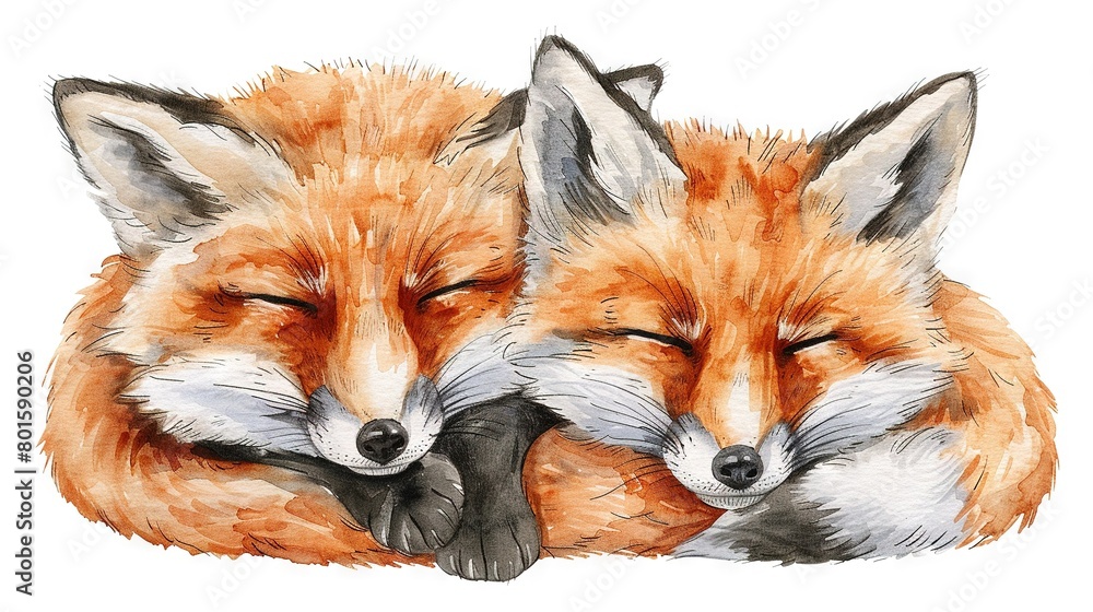 Obraz premium A pair of foxes resting together on a white surface against a white backdrop