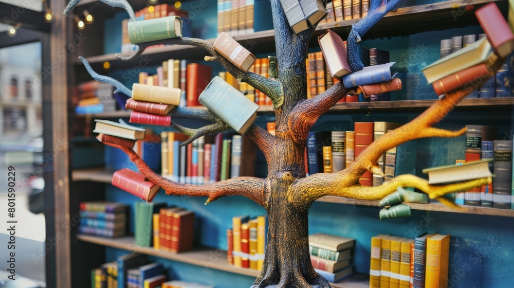 Vibrantly colored tree bookshelf adorned with books and flowers in a creative indoor setting.