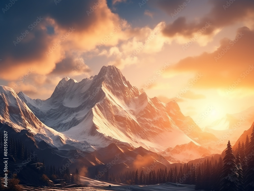 The majestic mountain range is bathed in the warm glow of the setting sun. The snow-capped peaks and dense forests create a breathtaking scene that will take your breath away.