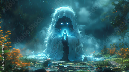 cute little ghost praying surrounded by fog. A Ghostly Resident