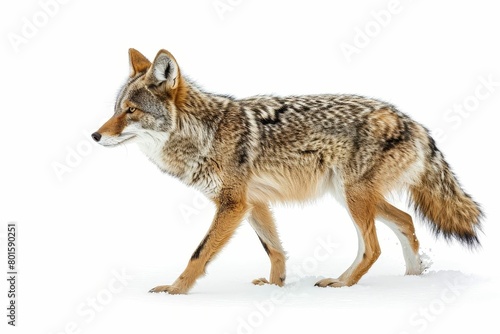 lone coyote hunting in winter snow isolated on white background wildlife photography © Lucija