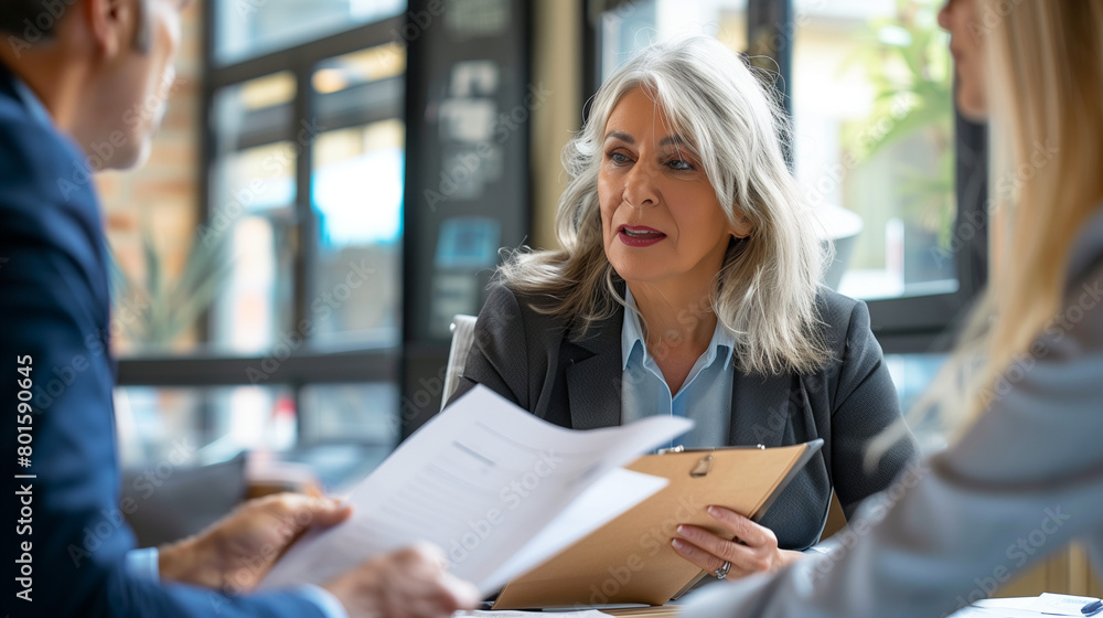Two professional executives discussing financial accounting papers working together in office. Mature business woman manager consulting older man client holding legal documents at meeting Two professional executives discussing financial accounting papers working together in office. Mature business woman manager consulting older man client holding legal documents at meeting