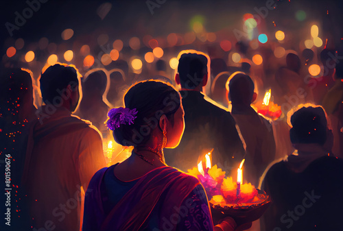 Indian crowd people in the Diwali the festival of lights in the night with candle lights fireworks and mosque background. Generative AI