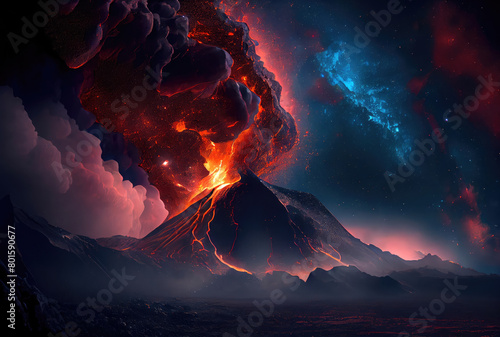 The volcano erupted with hot lava and black smoke covering the sky. Nature and disaster concept. Generative AI photo