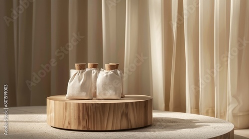 product photography a lot of bege cotton dustbags in a classic japonese scenario. on a three round wood podium photo