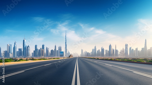 The photo shows a wide road with a clear blue sky and a modern city in the distance.