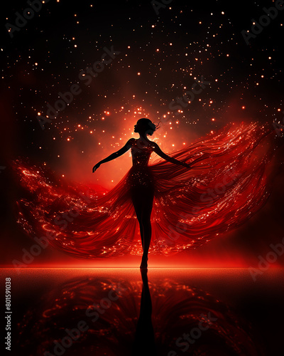 The photo shows a woman in a red dress dancing on a red stage with red lights in the background.