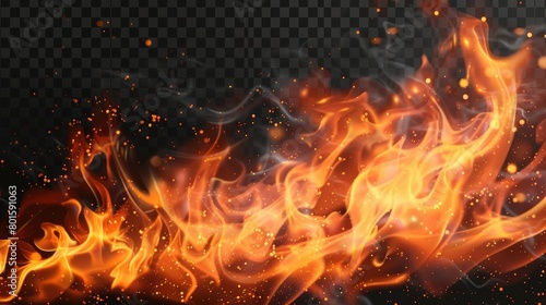 Realistic fire flames isolated on transparent background. High-quality PNG image of burning fire effect for design projects