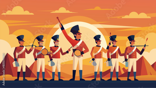As the sun sets on the horizon the fife and drum corps performs a moving rendition of the national anthem paying tribute to the countrys independence.. Vector illustration