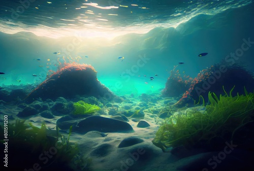 Deep sea and aquatic life with sunshine background. Digital art illustration. Marine life and undersea concept. Generative AI photo