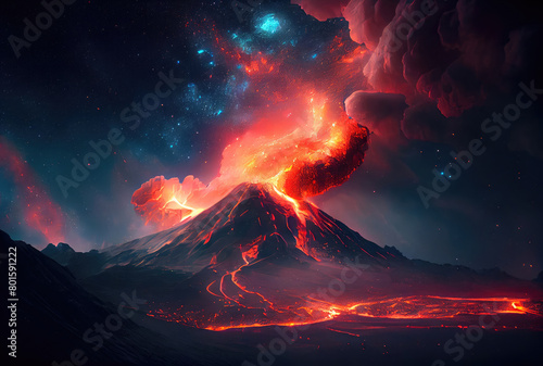 The volcano erupted with hot lava and black smoke covering the sky. Nature and disaster concept. Generative AI photo