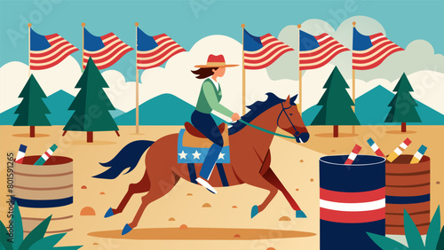 Barrel racing takes on a patriotic twist as horses and riders race through an obstacle course decorated with American flags and bunting.. Vector illustration
