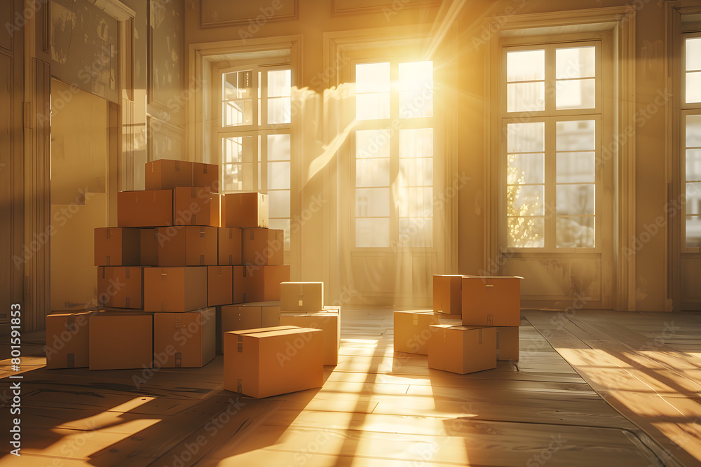 Neat stack of cardboard boxes placed in an empty room, bathed in warm sunlight filtering through large windows. Neat stack of cardboard boxes placed in an empty room, bathed in warm sunlight filtering through large windows.