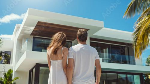Happy young couple standing in front of new home. Husband and wife buying new house