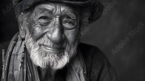 Classic monochrome portrait of an old man smiling.