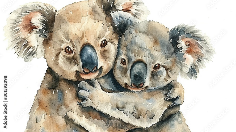 Naklejka premium An watercolor depiction of two embracing koalas with their heads resting on each other's shoulders