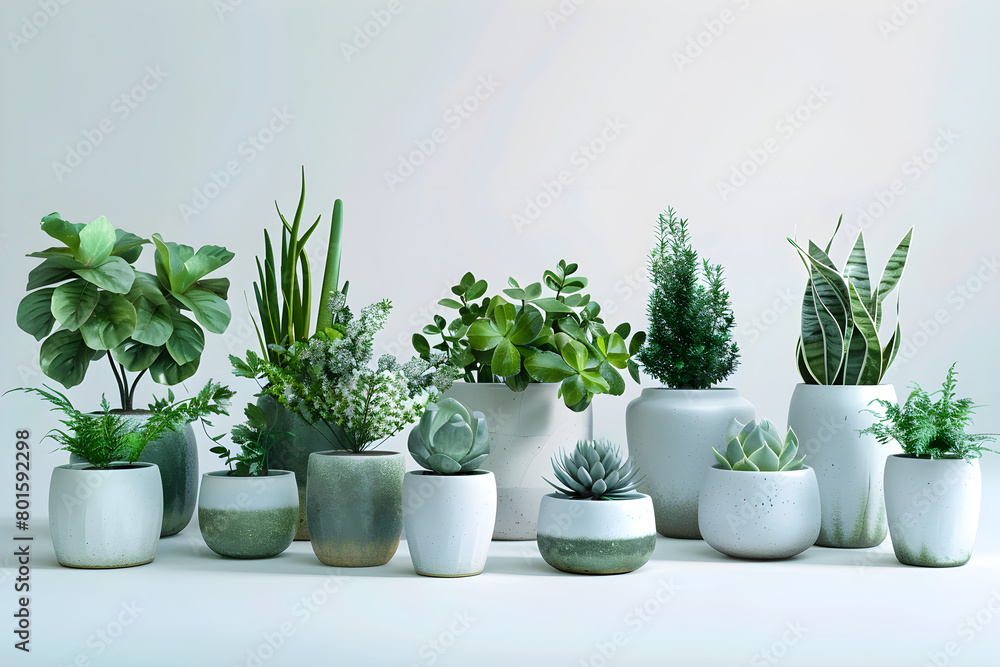 Fototapeta premium Ceramic vases with succulent plants of different varieties on a white background