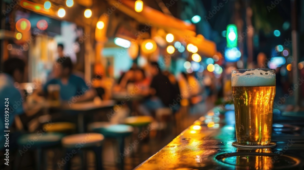 People enjoying music and beer at an outdoor street bar in Asia, bokeh effect