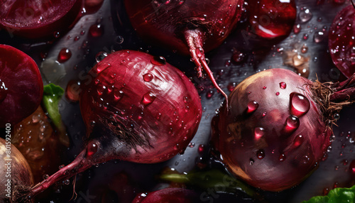 Close up of clean Beetroot with water drop in dark black background. Fresh fruit and Vegetable concept. Nutrition and vitamin theme. Generative AI