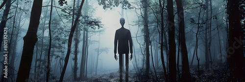 Imposing Spectacle of Slender Man Looming Amidst the Gloaming Mist-shrouded Woods - A Surreal Encounter with the Folklore Entity