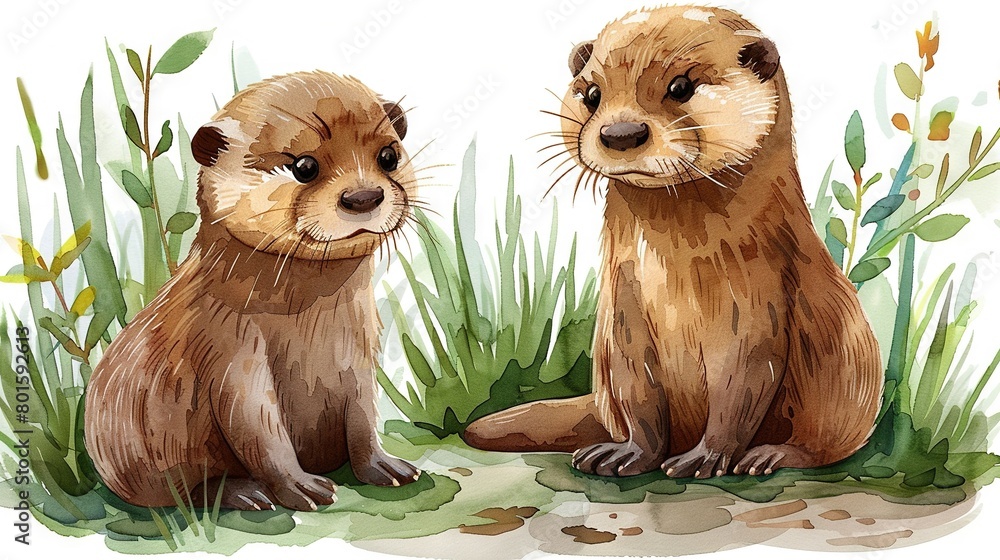 A pair of otters lounging together atop a field of green and tall grass A pair of otters lounging together atop a field of green and tall grass