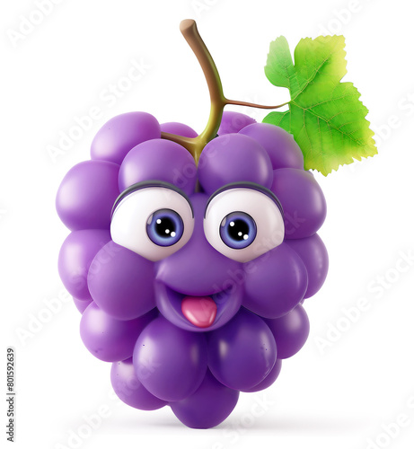 Happy purple grape character with big eyes and a leaf on a white background