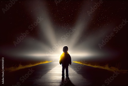 Back view of lost child was standing in the middle of a street lit by the headlights of cars in the dark background. People and lifestyles concept. Digital art illustration. Generative AI