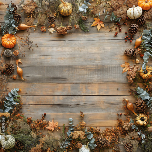 Autumn Halloween square rustic wood background with pumpkin and dried flowers boarder and copyspace