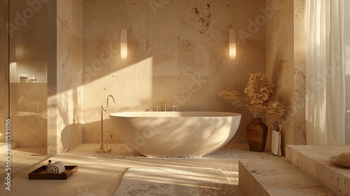 Discover the serenity of a spa-inspired bathroom  where natural stone tiles  a freestanding tub  and soft lighting create a tranquil oasis for relaxation and rejuvenation.