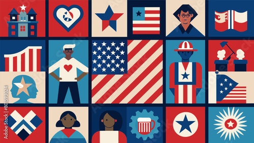 A quilt with a patchwork American flag in the center surrounded by smaller squares with images depicting various moments in the fight for freedom from. Vector illustration
