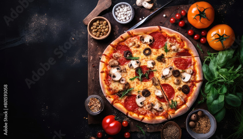 Margherita pizza with mozzarella olive tomato and basil on black wooden background with studio lighting. Food and delivery concept. Generative AI photo