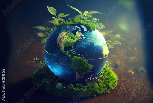 Beautiful Blue globe on the ground with decorating in summer season background. Beauty in nature and World Earth Day concept. Generative AI