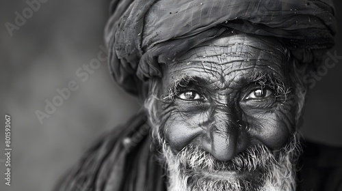 Classic monochrome portrait of an old man smiling.