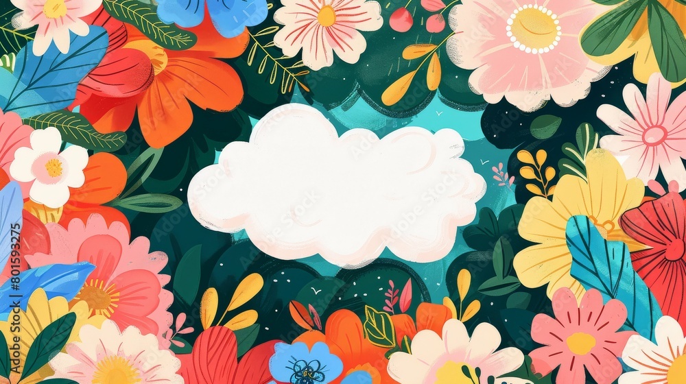 Obraz premium A vibrant illustration of colorful flowers framing an empty cloud shaped space