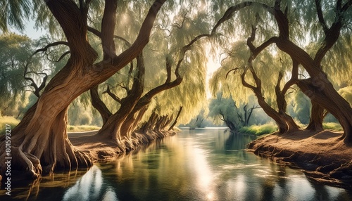 whispering willow grove beneath ancient willow trees their long branches trailing in a silver rive