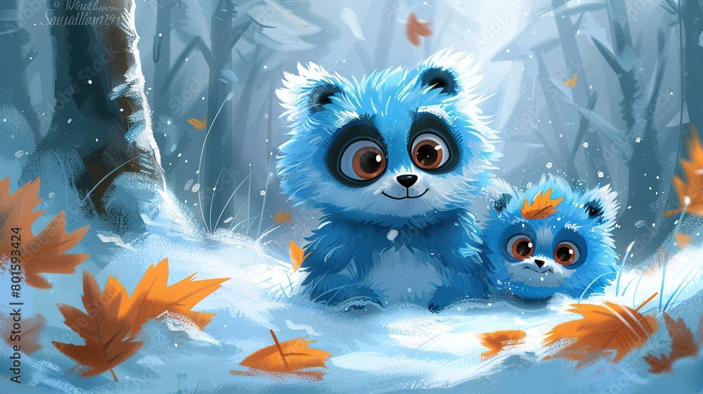 A snowy forest with a blue bear and a smaller bear amidst leaves on the ground A snowy forest with a blue bear and a smaller bear amidst leaves on the ground