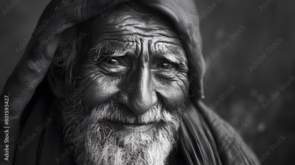 Classic monochrome portrait of an old man smiling.