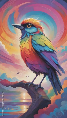 Colorful surreal bird artwork with bright and bold hues, Generative AI.