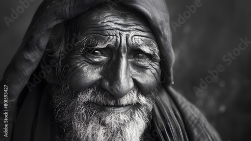 Classic monochrome portrait of an old man smiling.