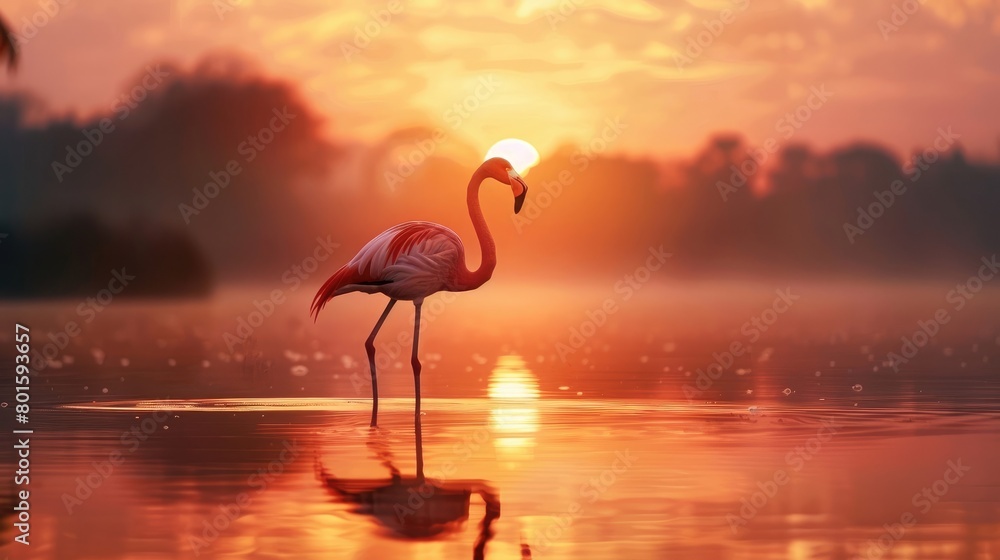 Obraz premium photograph of a pink flamingo in the distance, long leg, on a lake, slender, sunset