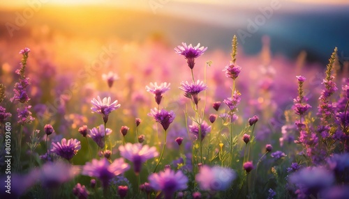 beautiful colorful meadow of wild flowers floral background landscape with purple pink flowers with sunset and blurred background soft pastel magical nature copy space © Kari