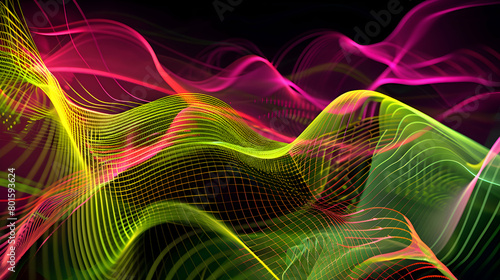 A lively abstract composition with a blend of sleek, wavy lines and crisp geometric forms, rendered in neon green and hot pink, designed to mimic the clarity of an HD camera shot photo