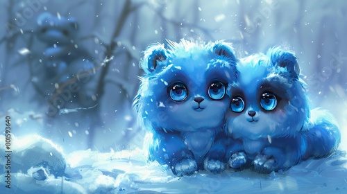   Two blue bears sitting on a snowy ground with trees in the background