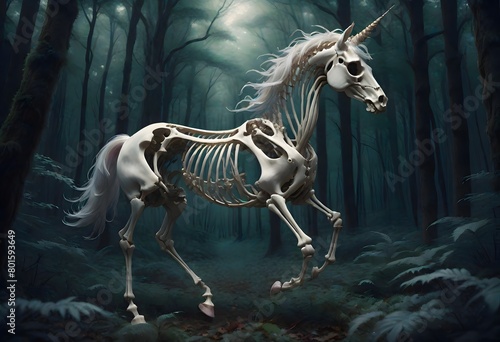 Skeleton horse, running through a forest with a horn,spooky and eerie mood, as it is a skeleton horse, Generative AI.