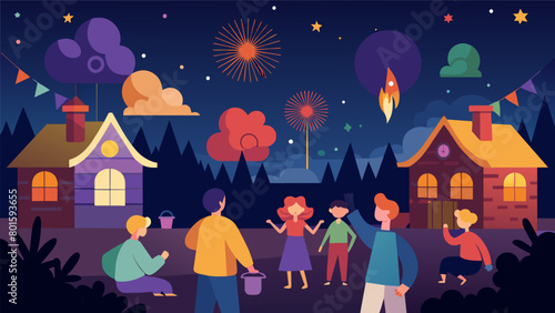 As the night sky darkens the backyard transforms into a beautiful display of ling lights and colorful fireworks with everyone oohing and aahing in. Vector illustration