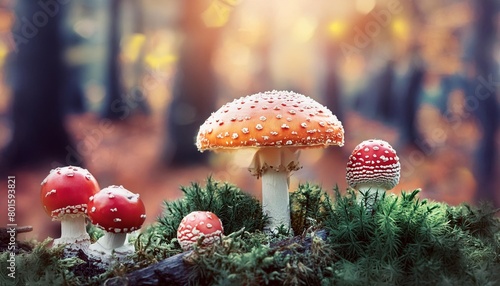 red fly agaric mushrooms in autumn forest fantasy forest nature background