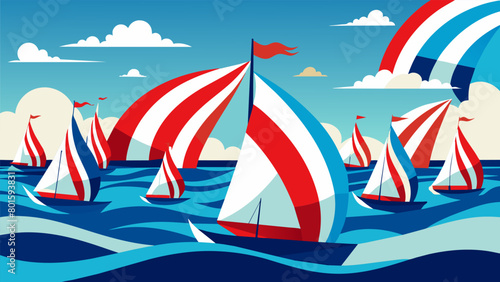 Amidst the sparkling waves a regatta of sailboats decked out in red white and blue glide by showcasing the pride we have for our country on this. Vector illustration